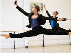 Lauren O’Kell (left) and Kylee Hart (right) of Citie Ballet take part in a media preview of the upcoming production Mosaic IV: Vocal Beat, featuring a collaboration with Edmonton’s a cappella vocal ensemble 6 Minute Warning