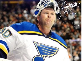 St. Louis Blues goalie Martin Brodeur reacts after a stop in play trailing 4-3 to the Anaheim Ducks during the third period at Honda Center on January 2, 2015 in Anaheim, Calif.