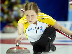 Manitoba’s Kaitlyn Lawes releases her rock during second draw curling action against British Columbia at the Scotties Tournament of Hearts Sunday, February 17, 2013 in Kingston, Ont.