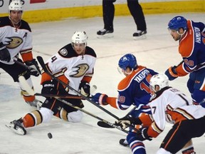 Nail Yakupov busts to the net as the Edmonton Oilers lose to the Anaheim Ducks 2-1 at Rexall Place on Saturday, Feb. 21, 2015.