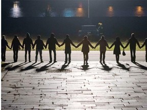 Numerous people form a human chain on Feb. 13, 2015 to commemorate the 70th anniversary of the deadly Allied bombing of Dresden, Germany, during the Second World War.