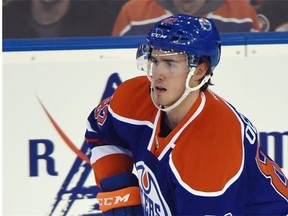 Rookie defenceman Jordan Oesterle makes his NHL debut with the Edmonton Oilers against the Anaheim Ducks at Rexall Place on Feb. 21, 2015.