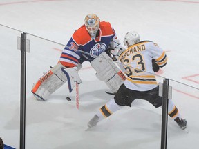 Ben Scrivens' wandering and subsequent bodycheck on Brad Marchand was one of the more, uhhm, interesting moments of the Edmonton Oilers' season.