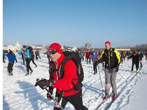 Skiers race out of the gate as they compete in the Canadian Birkebeiner on Feb. 14, 2015.