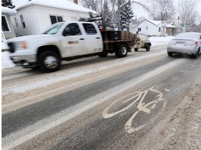 A snow covered bike lane on 76 Avenue and 108 Street in Edmonton