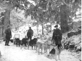 U.S. soldiers with sled dogs during Second World War. Many of the dogs were from northern Canada.