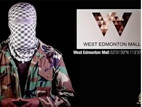 This screenshot features a member of the Somali-based terror group al-Shabab making threats against shopping centres around the world, including the West Edmonton Mall in Edmonton.