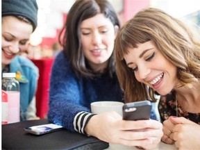 University student Nikki Wiart, right, and her friends, from left, Jessica Viens, and Kayla Callfas, tried taking American psychologist Arthur Aron’s 36 questions for creating closeness onto Tinder. The results were posted to a blog where it was viewed by thousands.