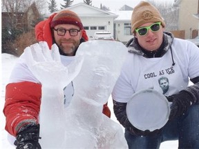 Will Ginka, right won a radio contest to have Ice On Whyte sculptors, like Wilfred Stijger, left, create whatever he wanted. He chose a likeness of Val Kilmer, Iceman from Top Gun.