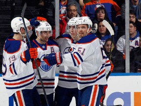 Jordan Eberle (second from left) has been in the middle of a lot of Edmonton Oilers' goal celebrations of late.