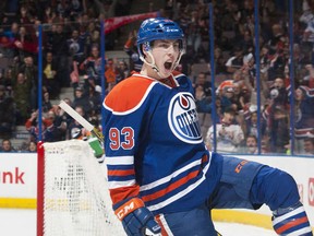 Ryan Nugent-Hopkins celebrates another goal, this one an overtime winner vs. the Flyers.