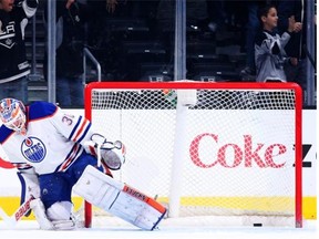 Ben Scrivens reacts after allowing a bad-angle goal against Los Angeles on April 2, 2015.