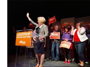 Alberta NDP Leader Rachel Notley addresses a campaign rally Sunday at the Citadel Theatre in Edmonton.
