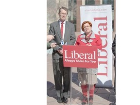 Alberta Liberal interim leader David Swann, left, and Laurie Blakeman, candidate for Edmonton-Centre, during a policy announcement about long-term municipality funding in Edmonton on April 15, 2015.