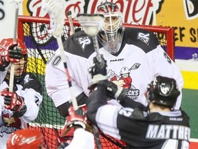 Calgary Roughnecks goalie Mike Poulin has his eye on the ball coming from Edmonton Rush’s Mark Matthews during exhibition game action at the Saddledome in Calgary on Dec. 20, 2014.