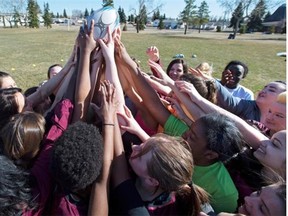 Canada’s National Women’s Rugby Team players Barbara Mervin and Brittany Waters coaching the grade 10 to 12 high school students as part of Rugby Canada’s community outreach at Archbishop OÇƒÙLeary High School in Edmonton, April 9, 2015. (ED KAISER/EDMONTON JOURNAL)