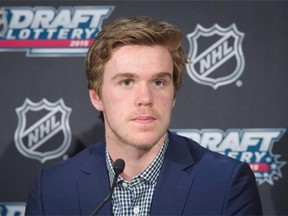 Connor McDavid speaks to reporters following the announcement of the NHL Draft Lottery in Toronto on Saturday, April 18, 2015. The Edmonton Oilers have won the NHL draft lottery and the right to select Connor McDavid first overall. s