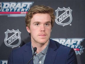 Connor McDavid speaks to reporters following the announcement of the NHL Draft Lottery in Toronto on April 18, 2015. The Edmonton Oilers have won the NHL draft lottery and the right to select Connor McDavid first overall.