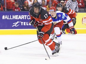 Connor McDavid #17 of Team Canada skates in on a break away goal against Team Russia during the Gold medal game in the 2015 IIHF World Junior Hockey Championship at the Air Canada Centre on January 5, 2015 in Toronto, Ontario, Canada.