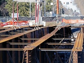 Crews continue to straighten bowed girders on the 102nd Avenue bridge over Groat Road in Edmonton. The bridge is seen on March 27, 2015.