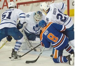 Derek Roy (8) gets a shot on goalie James Reimer (34) as the Edmonton Oilers play the Toronto Maple Leafs at Rexall Place in Edmonton on March 16, 2015.