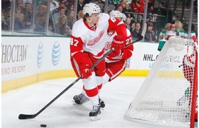 Detroit Red Wings defenceman Alexey Marchenko handles the puck against the Dallas Stars at the American Airlines Center on Jan. 4, 2014 in Dallas.