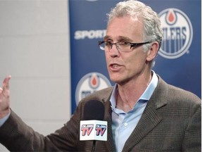 Edmonton Oilers GM Craig MacTavish giving his year-end address to the media at Rexall Place in Edmonton, April 13, 2015.