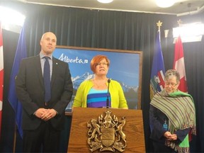 Edmonton-Centre MLA Laurie Blakeman, flanked by Alberta Party Leader Greg Clark and Areen party Leader Janet Keeping at the legislature on March 12, 2015, says she’s now the riding's candidate for the Liberal, Alberta and Green parties.