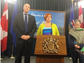 Edmonton-Centre Liberal MLA Laurie Blakeman, flanked by Alberta Party leader Greg Clark and Green party leader Janet Keeping, announced Friday she is running as a candidate for all three of those parties in the next provincial election.