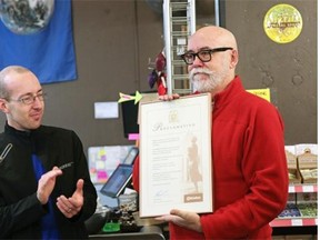 Edmonton City Councillors Andrew Knack, left, and Scott McKeen officially proclaim Friday Feb. 13, 2015 as Winter Bike To Work Day in Edmonton. Knack says a stretch of the bike lane along 95th Avenue between 156th Street and 163rd Street should be rerouted onto an adjoining service road.