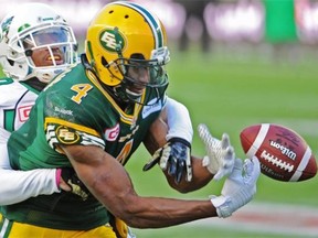 Edmonton Eskimos receiver Adarius Bowman could not hang on to this pass in the endzone during the Western semifinal game at Commonwealth Stadium in Edmonton on Nov. 16, 2014.