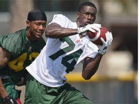 Edmonton Eskimos wide receiver Kenny Stafford catches a pass as he runs through drills during the mini-camp at Historic Dodgertown in Vero Beach on Sunday, April 18, 2015.
