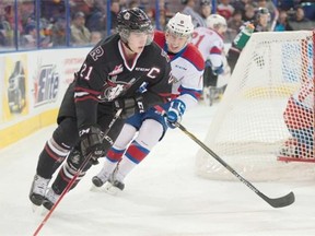 Edmonton Oil Kings defenceman Marshall Donald tries to catch up to Wyatt Johnson of the Red Deer Rebels during Wednesday’s Western Hockey League game at Rexall Place.