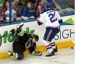 Edmonton Oil Kings Luke Bertolucci (left) falls as Regina Pats Jared McAmmond (right) looks for the puck during first period WHL hockey action in Edmonton on March 6, 2015.