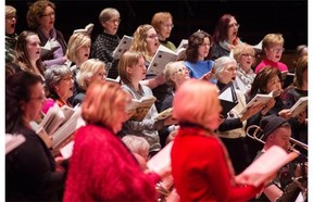 Edmonton Metropolitan Chorus, with 100 singers, rehearses for a show at the Winspear on Sunday.
