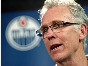 Edmonton Oilers general manager Craig MacTavish gives his year-end address to the media at Rexall Place in Edmonton, April 13, 2015.