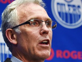 Edmonton Oilers general manager Craig MacTavish speaks at a news conference Dec. 15, 2014, after firing head coach Dallas Eakins.