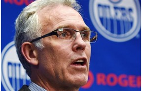 Edmonton Oilers general manager Craig MacTavish speaks at a news conference Dec. 15, 2014, after firing head coach Dallas Eakins.