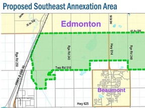 Edmonton’s original southeast annexation bid is mapped here. The small rectangle on Beaumont’s north border was added to Edmonton’s bid Wednesday.