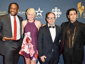 From left, Canadian Screen Award nominee Jesse Lipscombe, Chris Craddock and Mark Meer with the Journal’s Julia LeConte on the red carpet of the Canadian Screen Awards