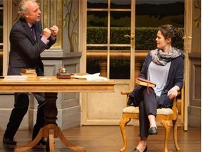 From left, Jamie Williams as Bernard Nightingale and Claire Armstrong as Hannah Jarvis in The Citadel Theatre production of Arcadia, directed by Tom Wood