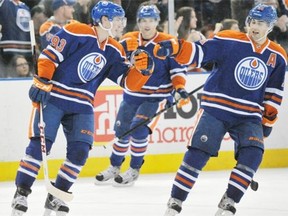 From left, Ryan Nugent-Hopkins, Taylor Hall, and Jordan Eberle of the Edmonton Oilers,  against the Los Angeles Kings at Rexall Place on Thursday, Jan. 24, 2013.
