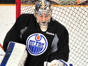 Goalie Ty Rimmer takes part in the Edmonton Oilers’ annual prospect development camp in Jasper on July 3, 2014.