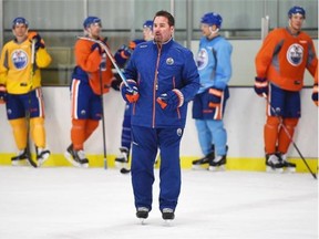 Head coach Todd Nelson directs traffic during the Edmonton Oilers’ practice at the Clareview Community Recreation Centre on Friday.