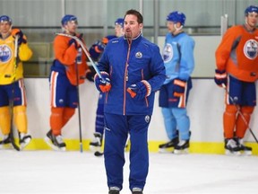 Head coach Todd Nelson runs the Edmonton Oilers practice at the Clareview Community Recreation Centre on Feb. 27, 2015.