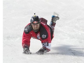 Ben Hilborn of Canada falls at the finish line. Day one at Crashed Ice Edmonton is the National Shootout where the Canadian field is cut in half at the Shaw Conference Centre in Edmonton.