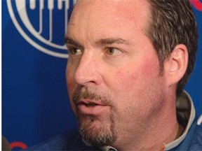 Interim Edmonton Oilers head coach Todd Nelson talks to the media at locker clean out day at Rexall Place in Edmonton on April 12, 2015.