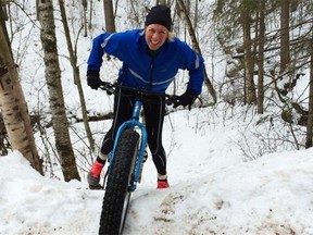 Fat-biking through the snow in the river valley is a major workout for the leg muscles.