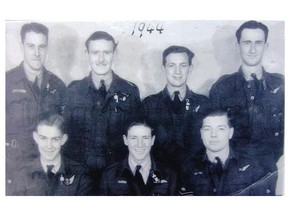 Jimmy Findlay (second from right, back row) with his Lancaster bomber crew that perished July 19, 1944, on an RAF Bomber Command mission to bomb a Nazi-controlled rail junction in northeastern France.