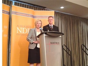 Stollery Children’s Hospital surgeon Dr. Bryan Dicken, right, appears at a news conference with NDP Leader Rachel Notley on Thursday to discuss cancelled surgeries at the hospital.